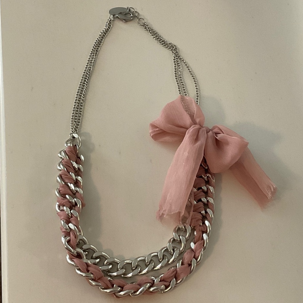 Adia Kibur Pink and Silver Bow Chain Necklace